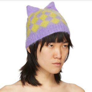 Ashley Williams Purple and Yellow Mohair Diamond Cat Beanie Rare